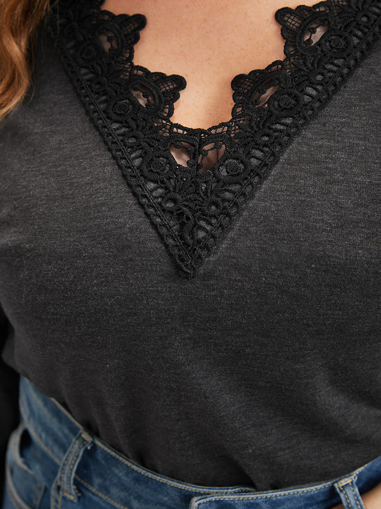 Solid Lace Trim Drop Shoulder Tee