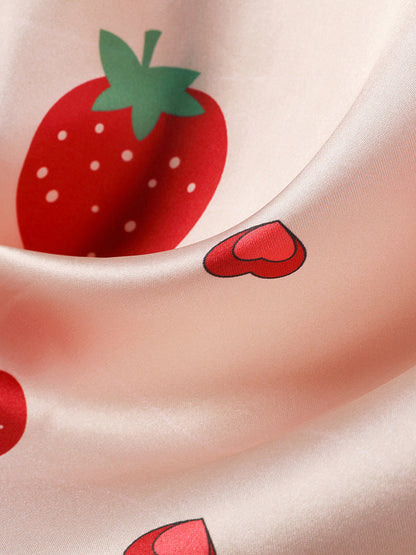 4pcs Strawberry Print Satin Belted Pajama Set