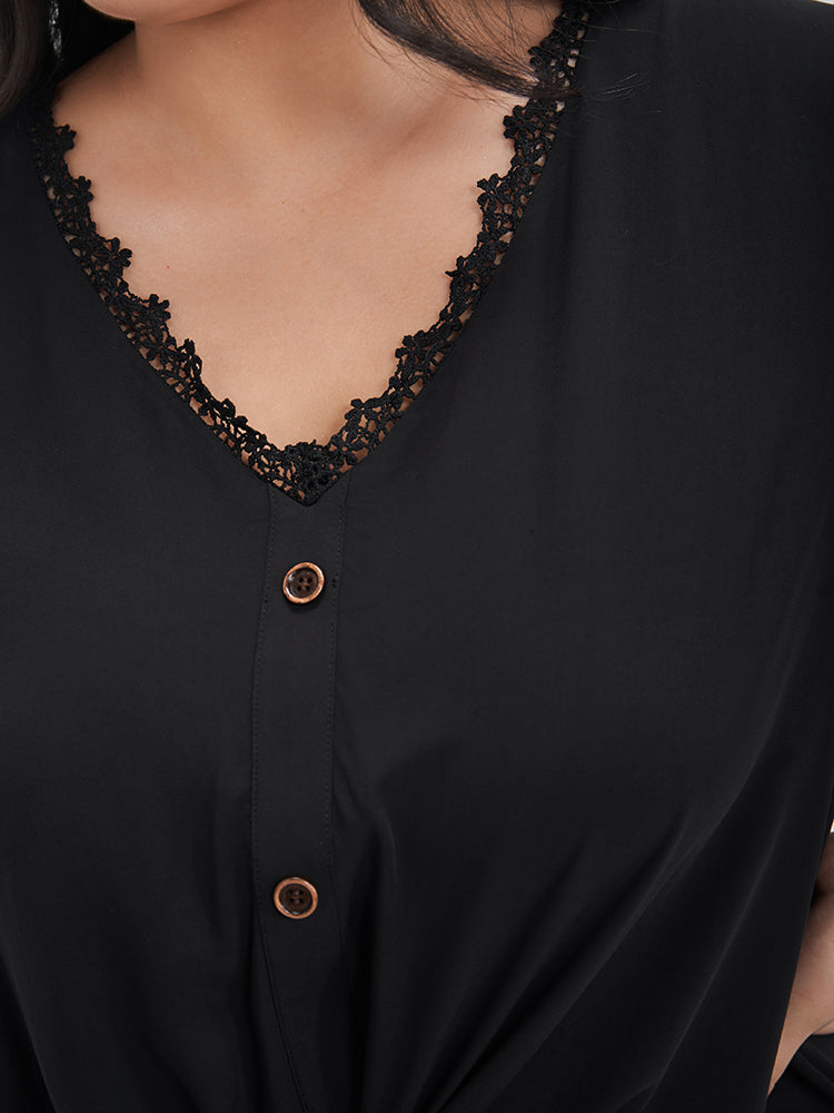 Solid Knot Front Button Lace V Neck Blouse