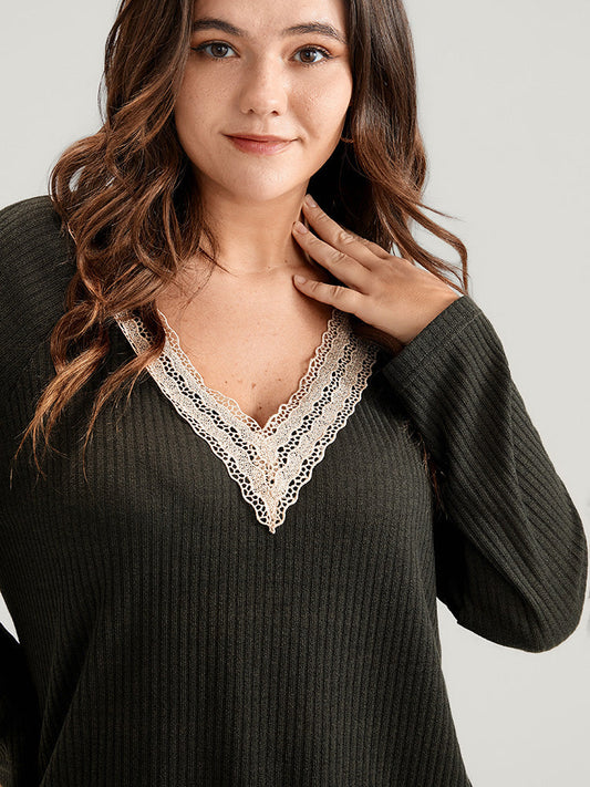 Solid Contrast Lace V Neck Rib Knit Long Tee