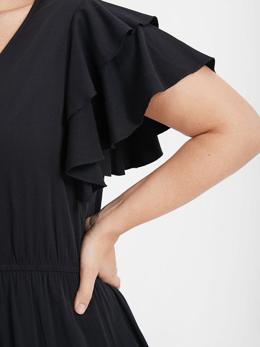 Plain Ruffles Tiered Button Split Maxi Dress