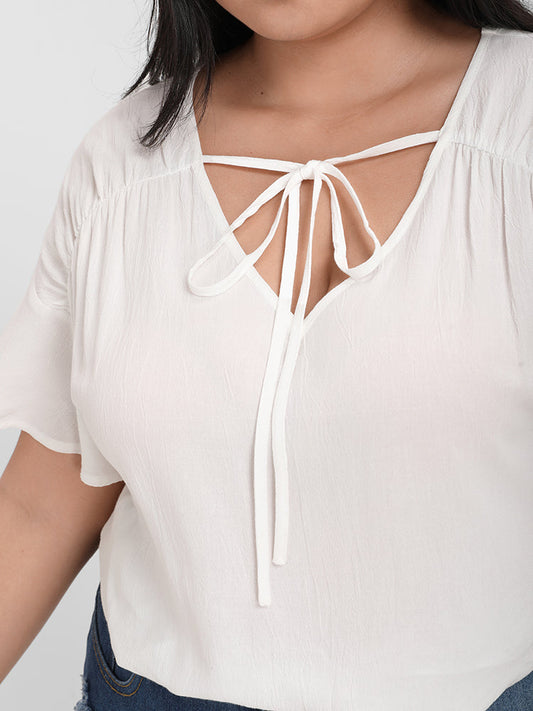 Plain Ruffled Ties V Neck Blouse