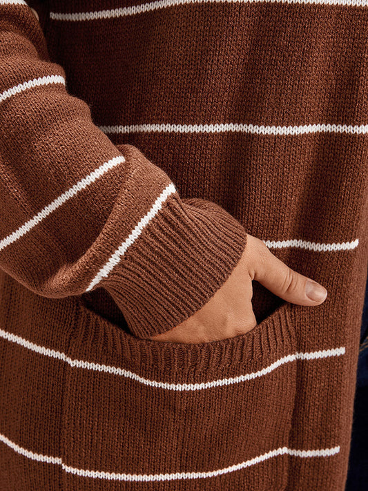 Striped Pointelle Knit Button Side Pocket Open Front Cardigan