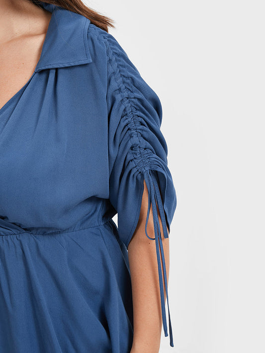 Solid High Low Hem Ruffled Shirt Collar Drawstring  Blouse