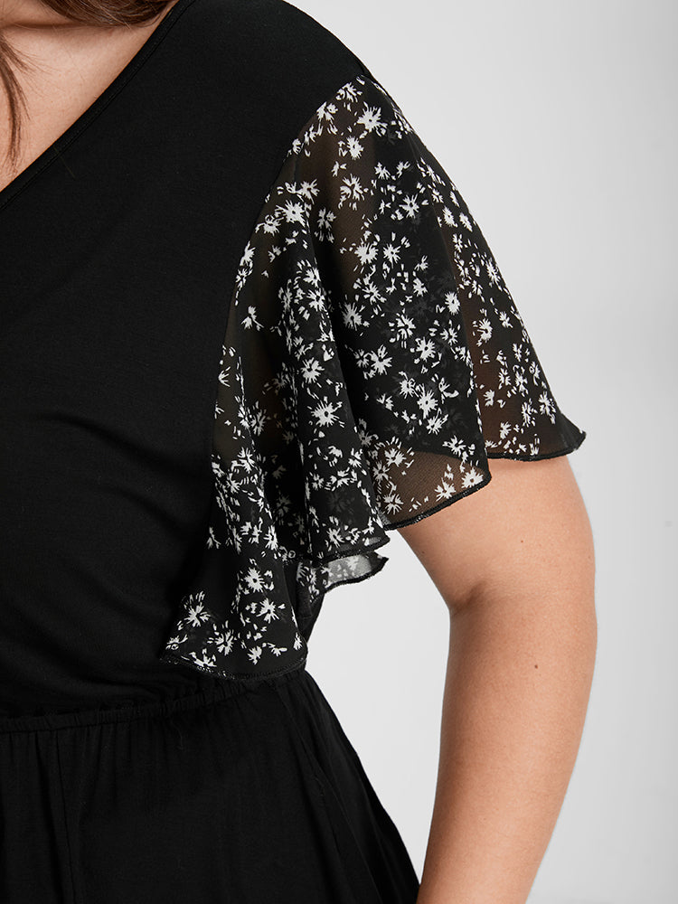 Plain Ruffled Lace Patchwork Button V Neck T-shirt