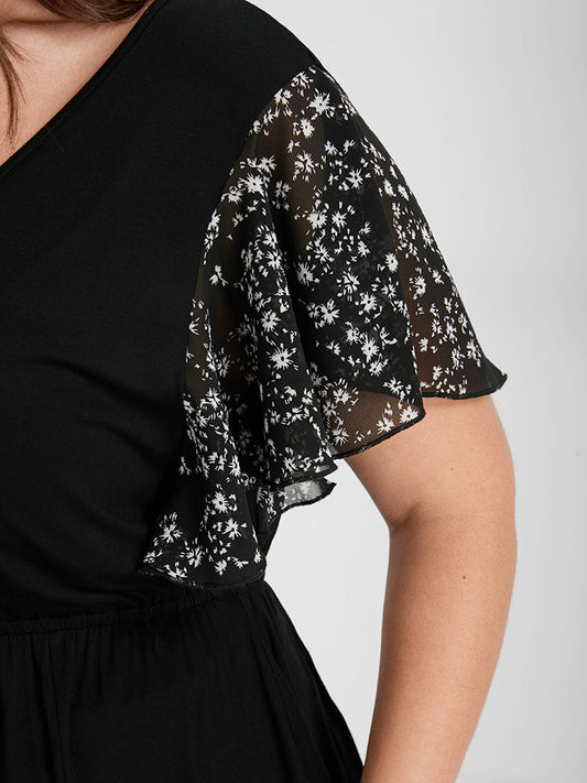 Plain Ruffled Lace Patchwork Button V Neck T-shirt