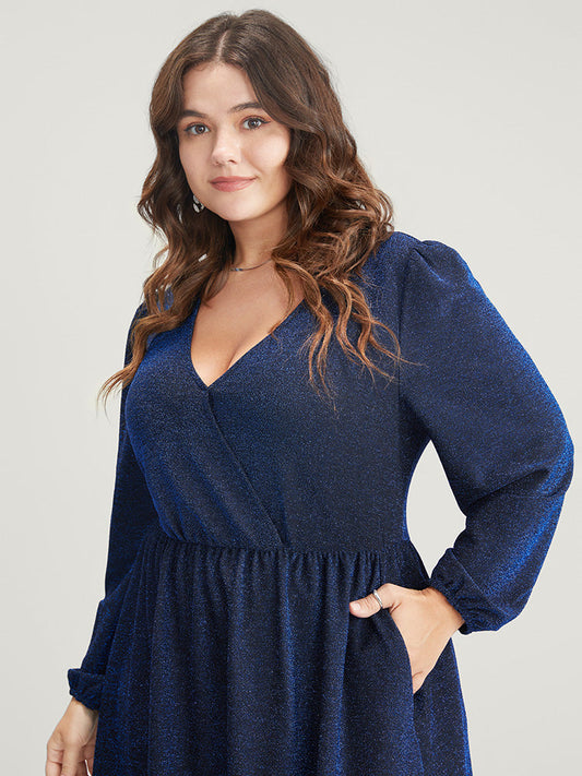 Glitter Lantern Sleeve Pocket Wrap Flutter Party Dress