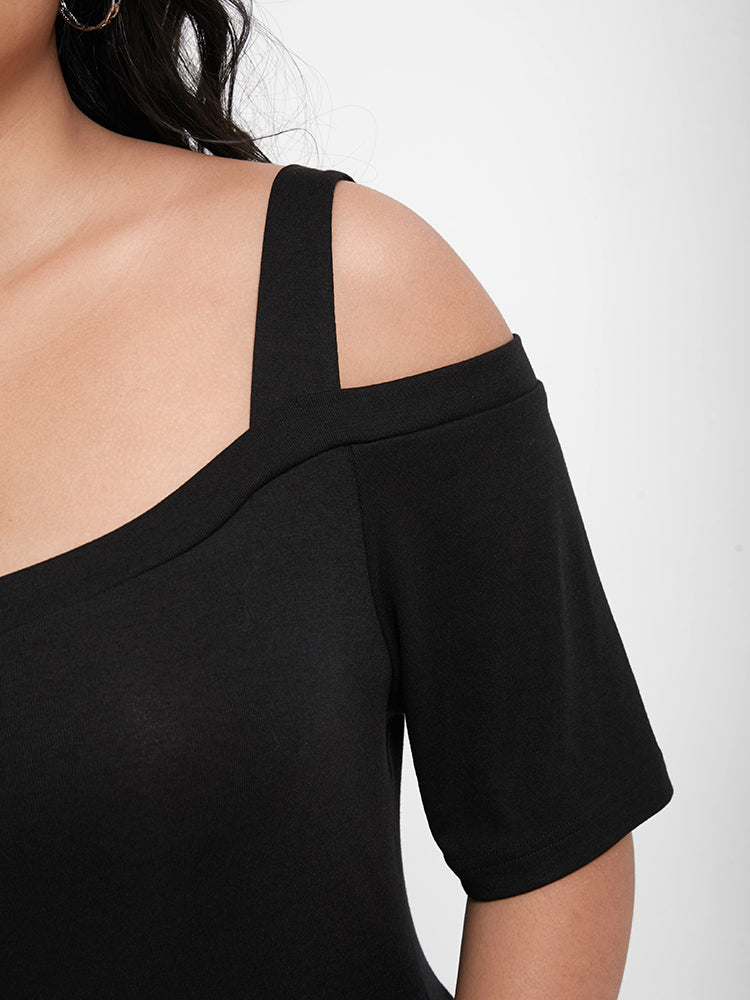 Solid Cold Shoulder Button T-shirt