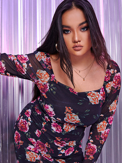 See Through Sleeve Floral Dress