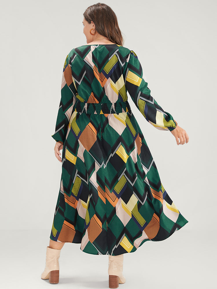 Geometric Wrap Lantern Sleeve Shirred Split Dress