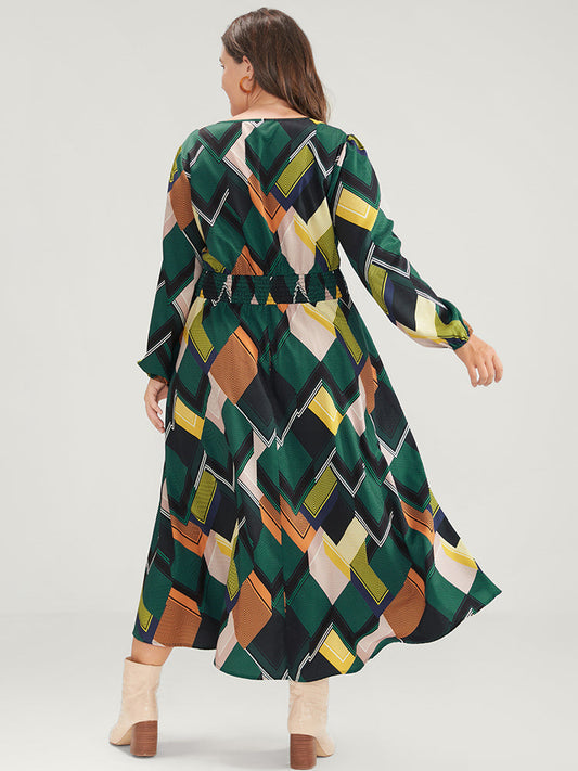 Geometric Wrap Lantern Sleeve Shirred Split Dress