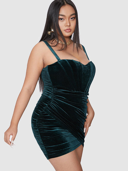 Solid Velvet Ruched Cami Bodycon Dress
