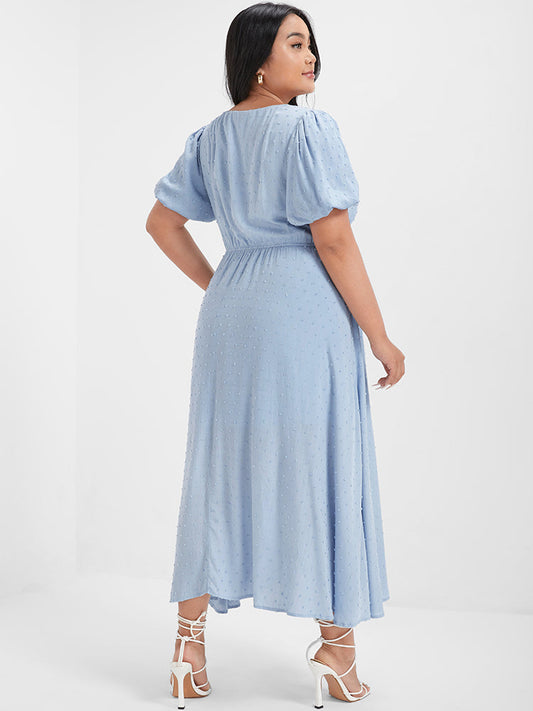 Bloom Dress - Solid Polka Dot Chiffon Button Puff Sleeve Dress