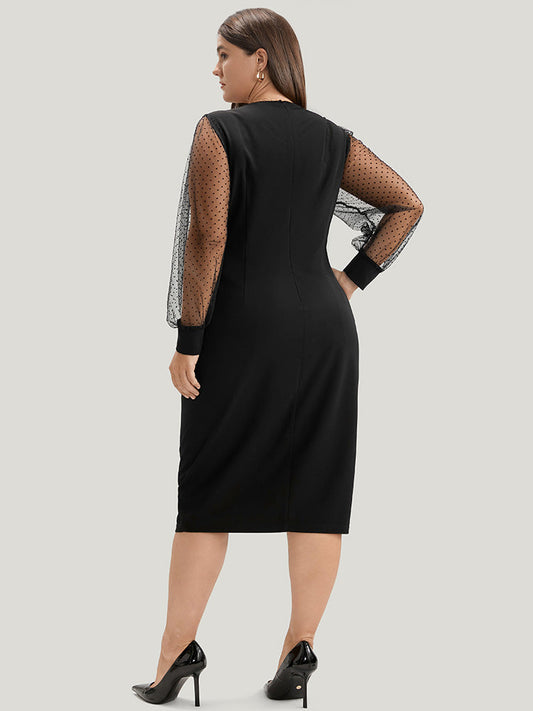 Solid Round Neck Mesh Lantern Sleeve Skinny Dress