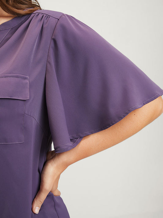 Solid V Neck Ruffles Sleeve Pocket Blouse