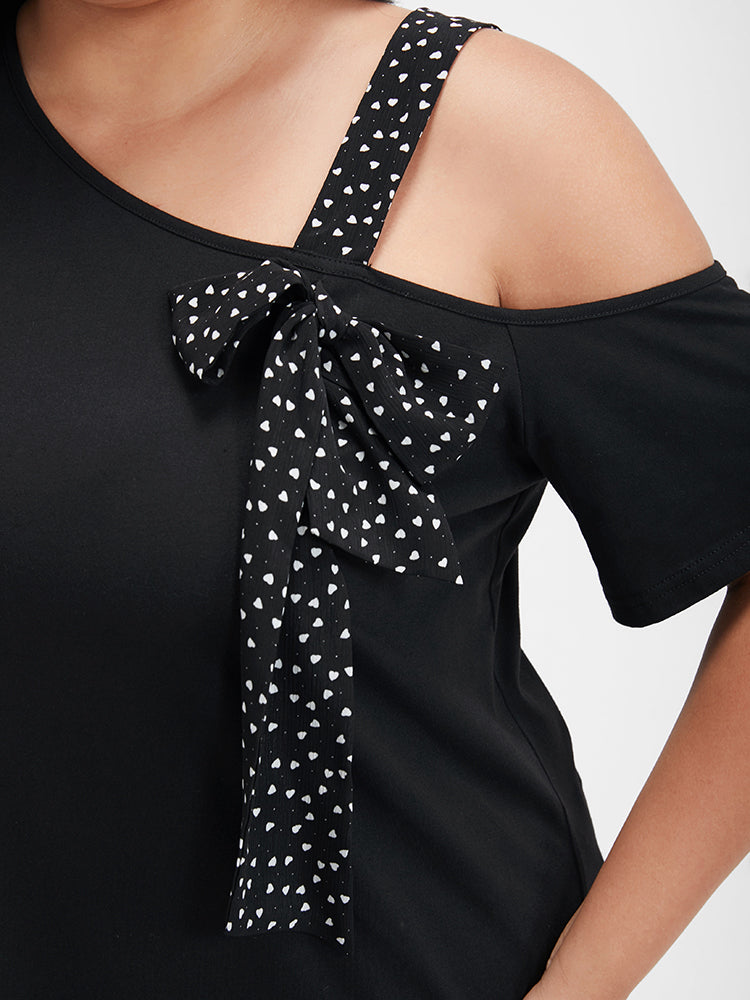 Solid Heart Print Tie Front Asymmetrical Neck T-shirt