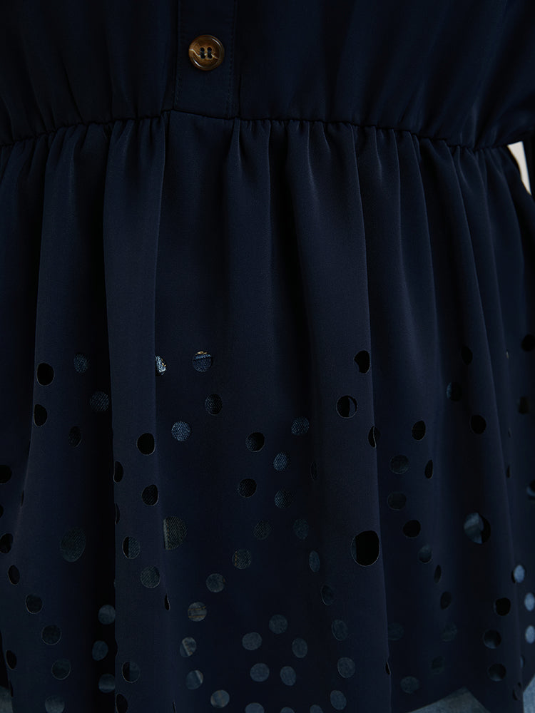 Solid Cut Out Ruffles Button Lantern Sleeve Blouse