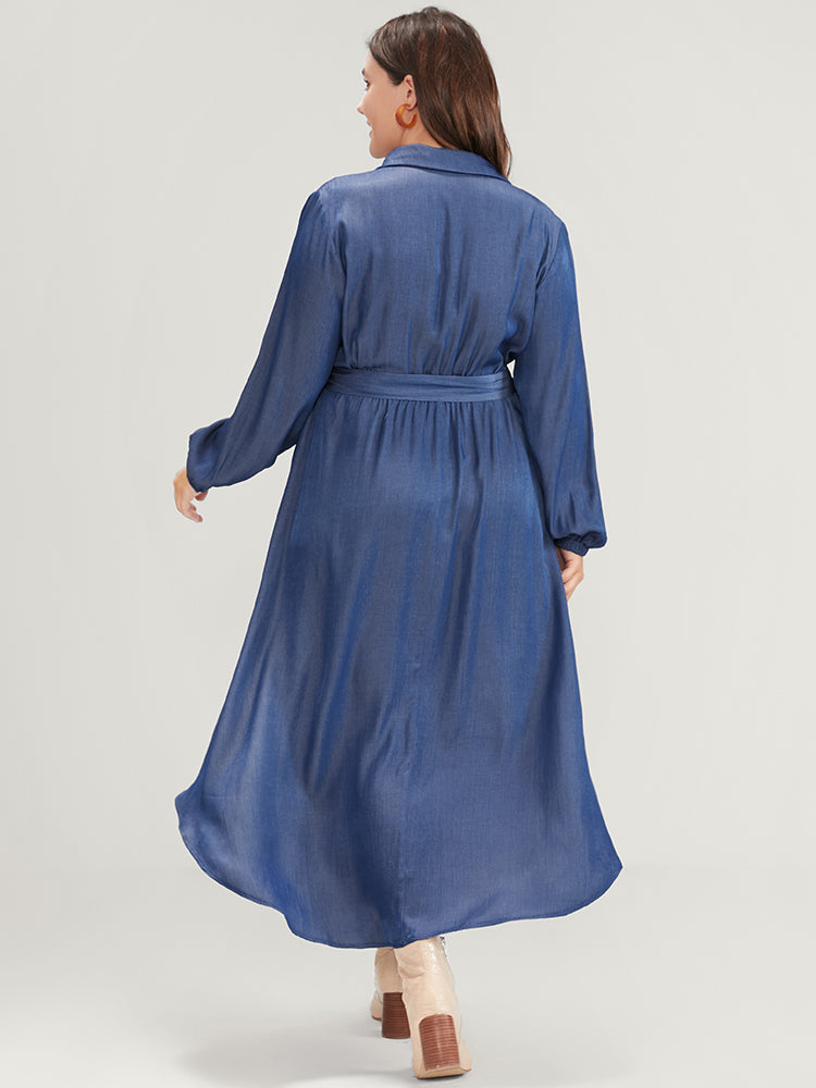 Solid Shirt Collar Pocket Belted Button Detail Dress