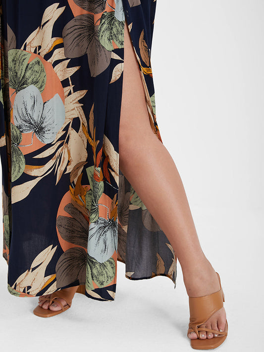 Floral Printed Elastic Waist Split Skirt