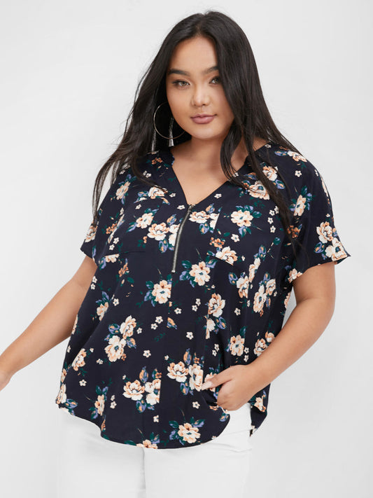 Floral Half Zipper V Neck Blouse