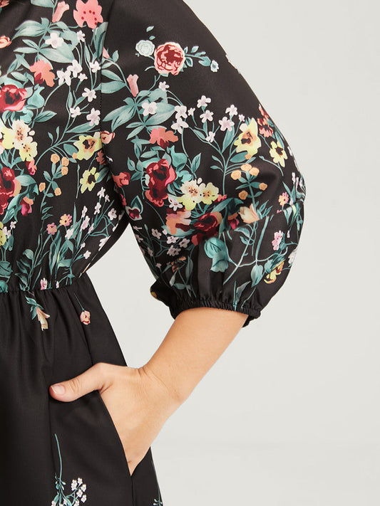 Floral Print Lantern Sleeve Split Pocket Elastic Waist Wrap Dress