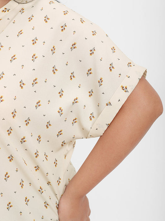 Ditsy Floral Frill Trim Roll Sleeve V Neck Blouse