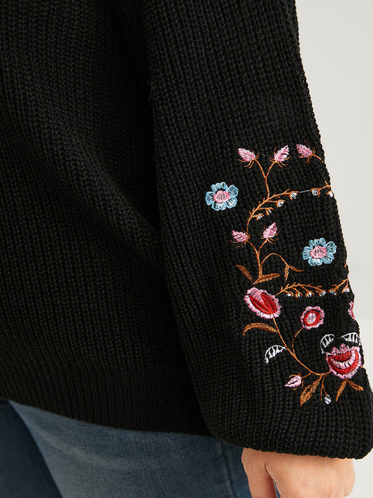 Solid Pointelle Knit Embroidered Sleeve Knit Top