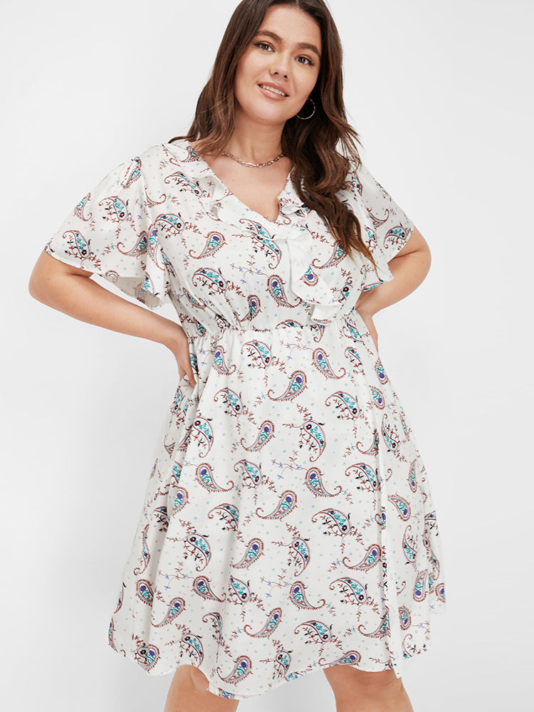 Flutter Sleeve Paisley Ruffle Midi Dress