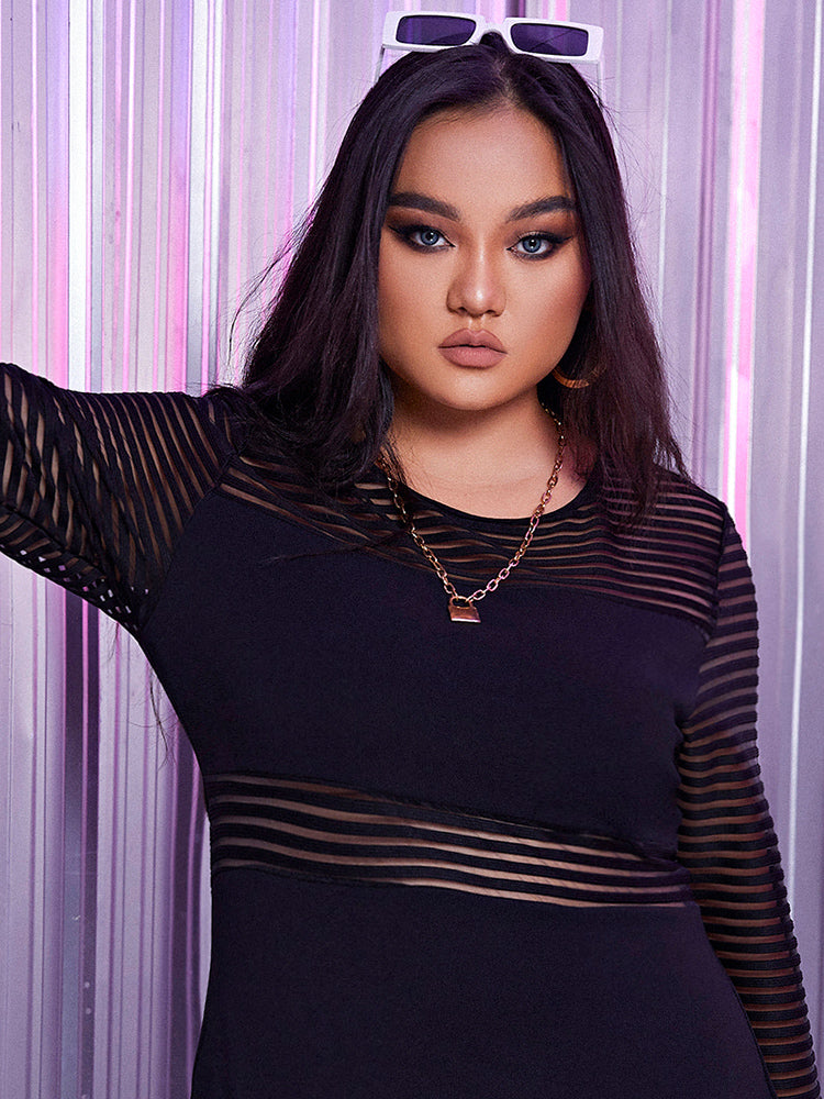 See Thourgh Mesh Striped Dress