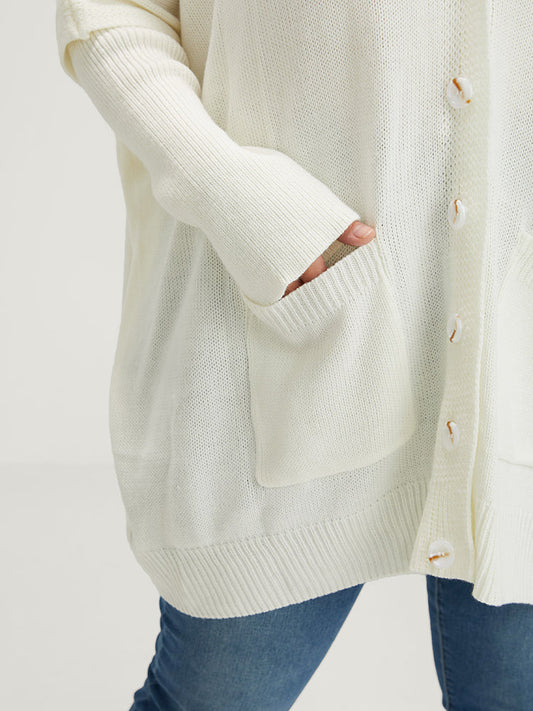 Plain Pointelle Knit Pocket Button Front Mid Long Cardigan