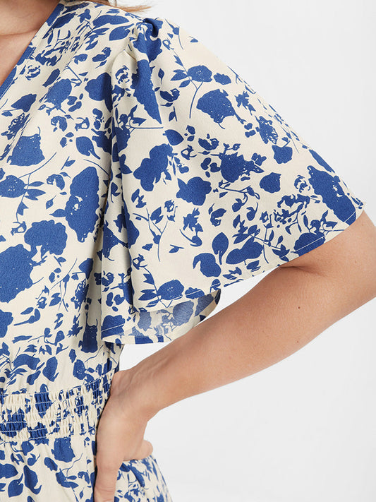 Floral Split Shirred Flutter V Neck Midi Dress