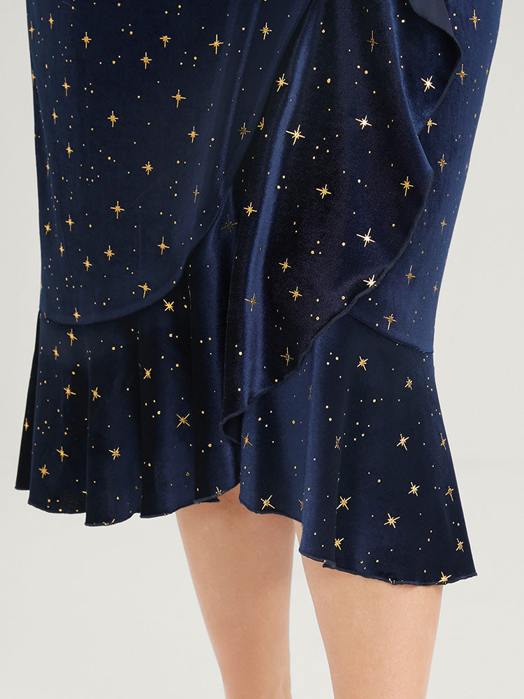 Star Print Wrap Ruffle Trim Velvet Midi Dress