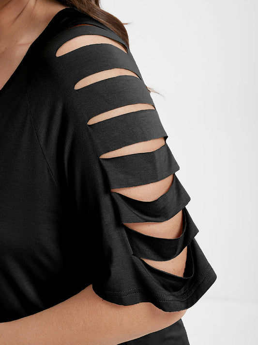 Solid Ripped Raglan Sleeve V Neck T-shirt