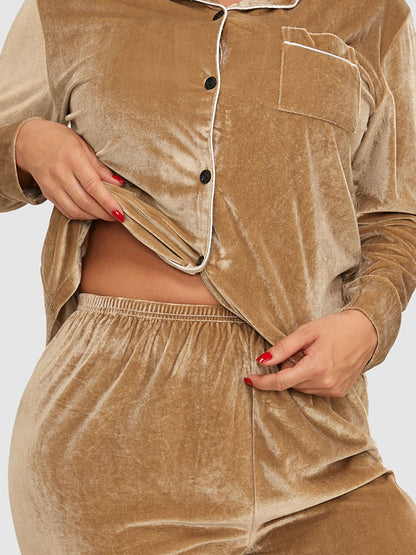 Contrast Binding Button Pocket Velvet Pajama Set