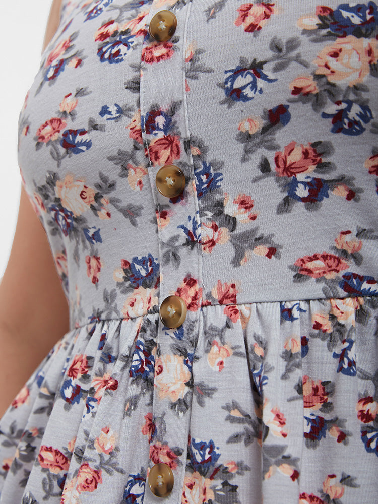 Floral Elastic Waist Button Cami Top