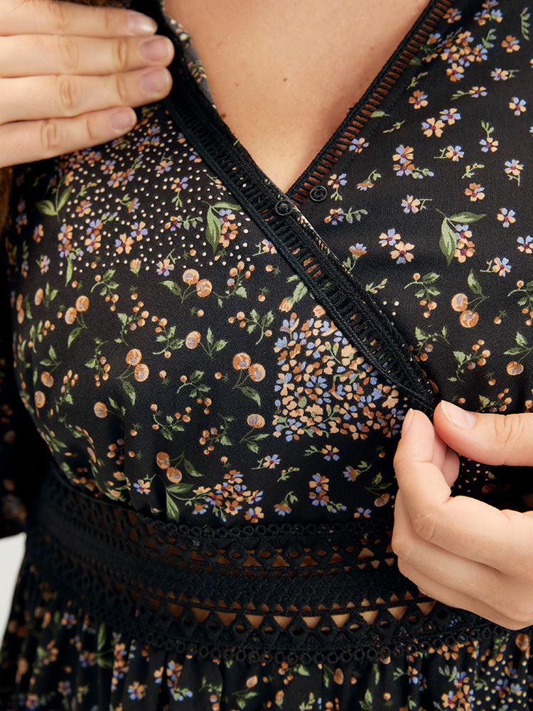 Ditsy Floral Lantern Sleeve Contrast Lace Pocket Wrap Dress