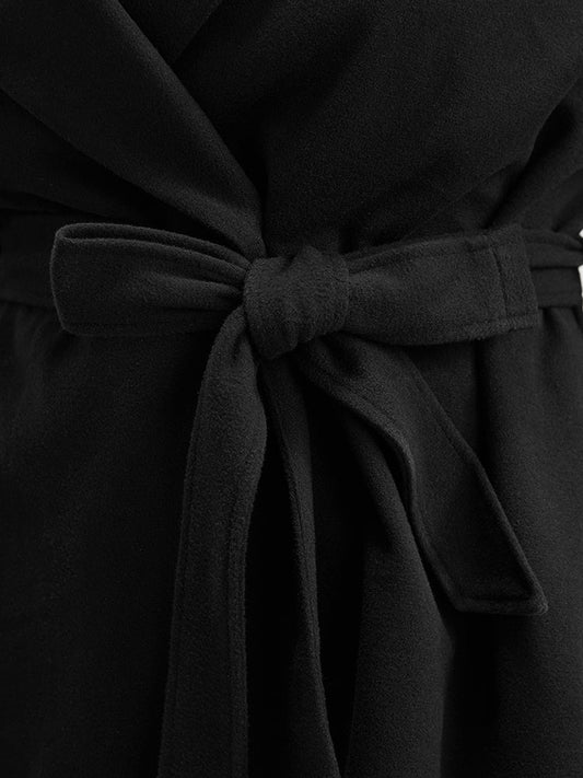 Solid Pocket Asymmetrical Hem Belted Coat