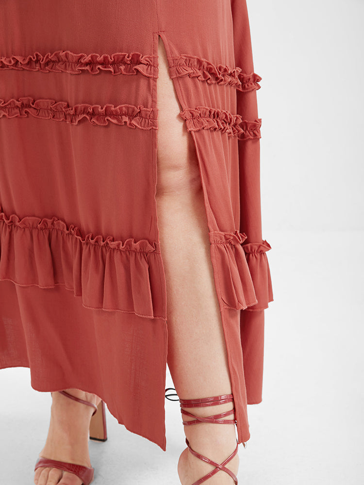 Plain Ruffles Split Cold Shoulder Maxi Dress