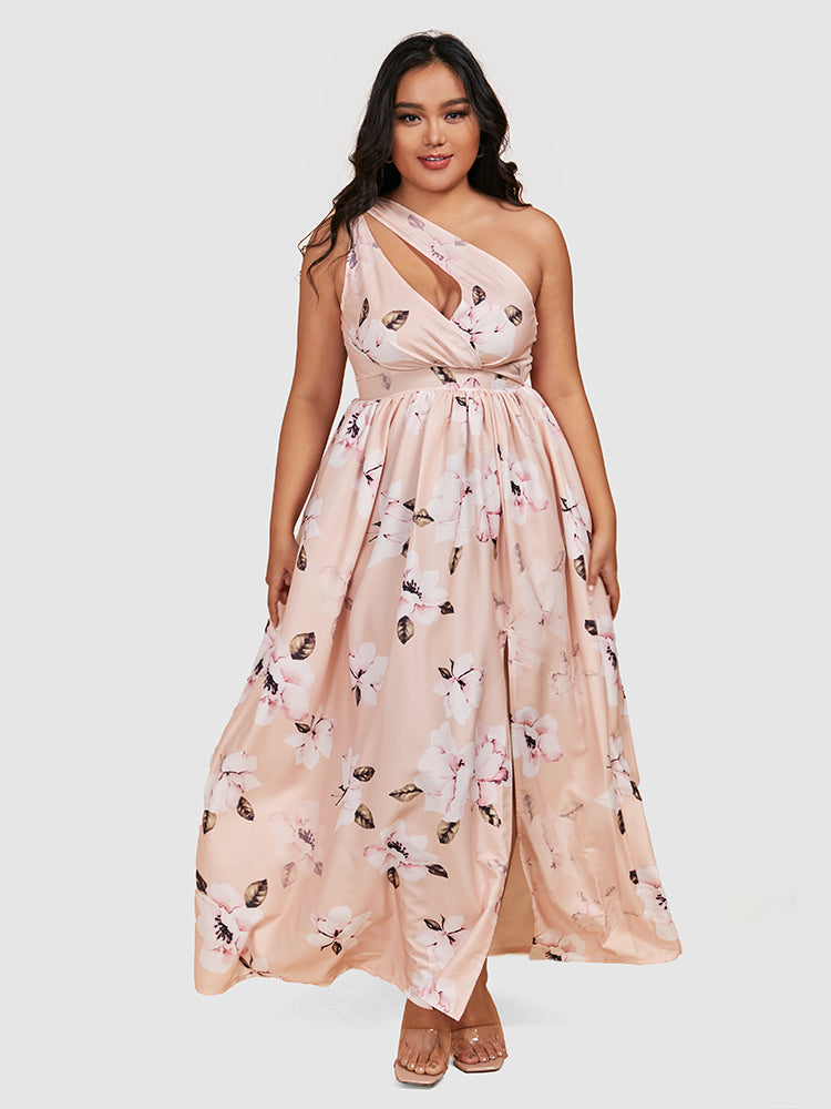 Floral Print Keyhole One-Shoulder Split Dress