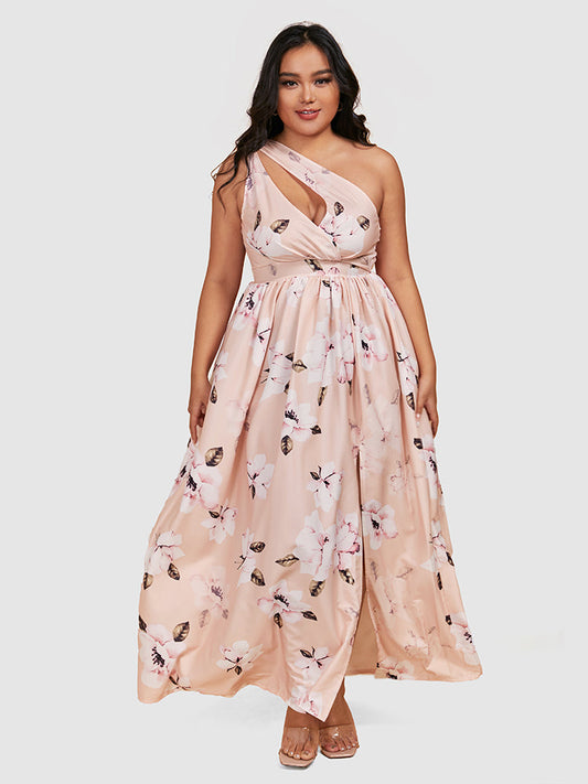 Floral Print Keyhole One-Shoulder Split Dress
