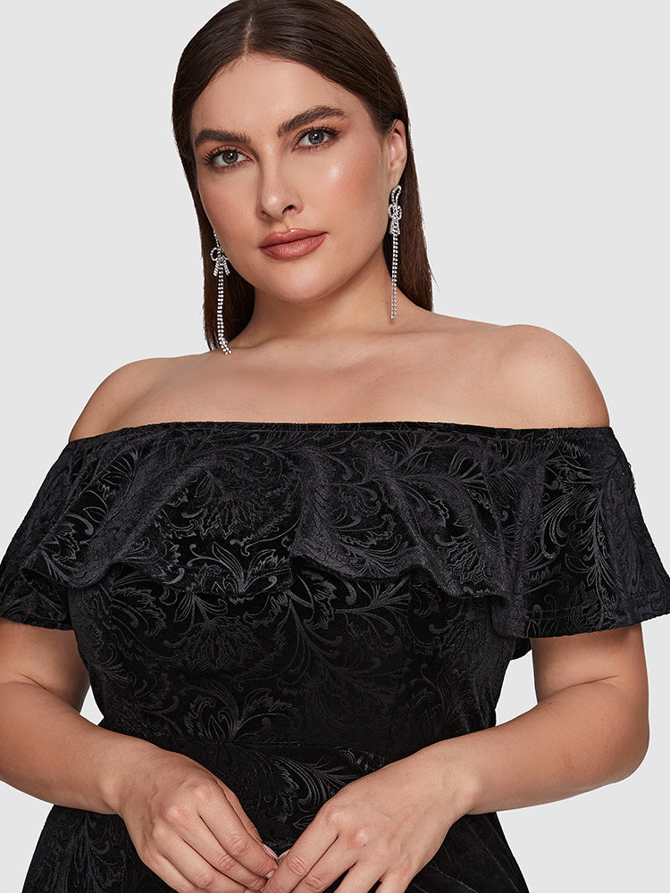 Velvet Floral Print Ruffled Ruched Split Dress