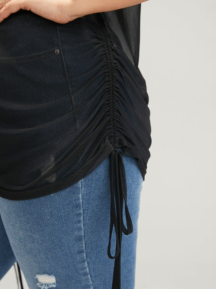 Solid Drawstring Hem Mesh T-shirt