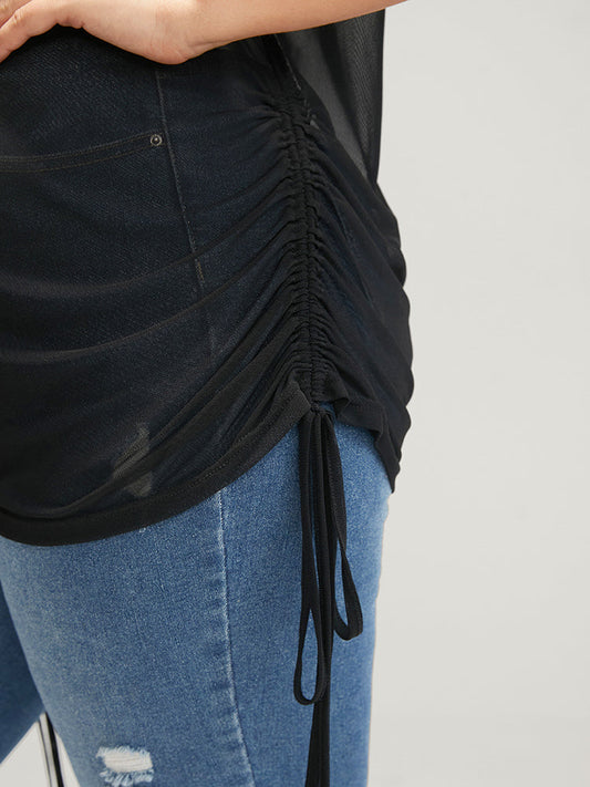 Solid Drawstring Hem Mesh T-shirt