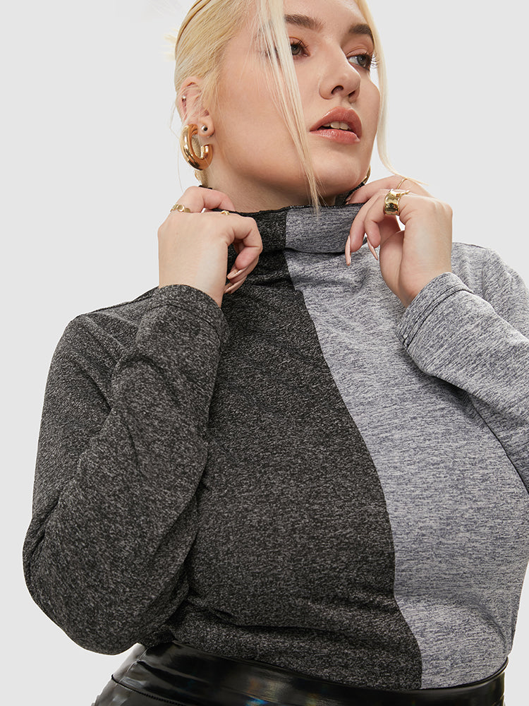 Funnel Neck Two Tone Knit Top