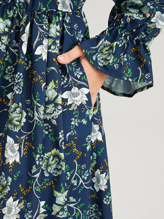 Floral Lantern Sleeve Pocket Split Wrap Flutter Hem Maxi Dress