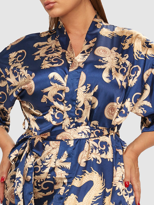 Scarf Art Print Satin Belted Night Robe