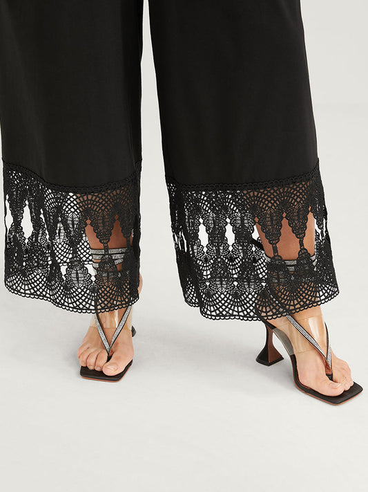 Solid Ruffle Sleeve Pocket Lace Hem Cut Out Wrap Jumpsuit