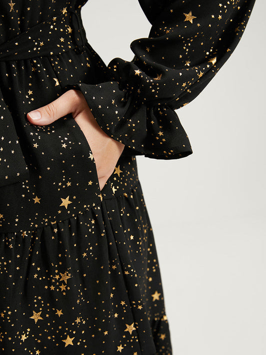 Bloom Dress - Star Button Pocket Lantern Sleeve Knotted Ruffles Knee Dress