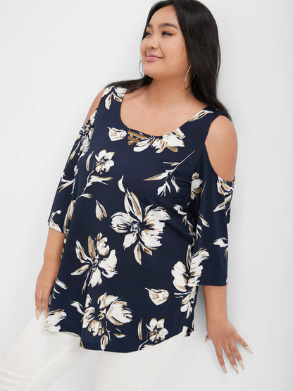 Floral Print Ruffles Cold Shoulder T-shirt