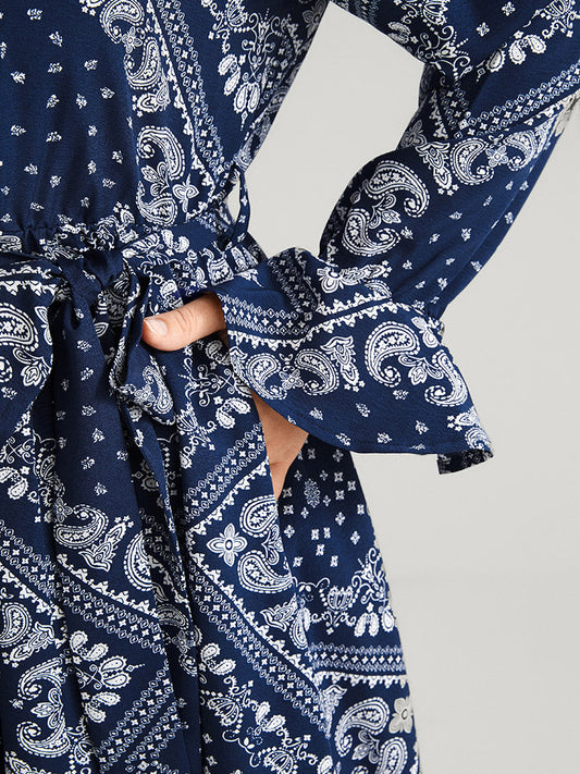 Bandana Pocket Belted Flutter Surplice Neck Dress